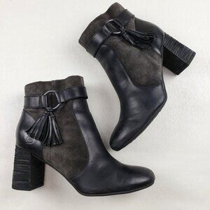 Born Toco Heeled Ankle Boot Womens 9 Black Gray Leather Side Zip Tassel Moto